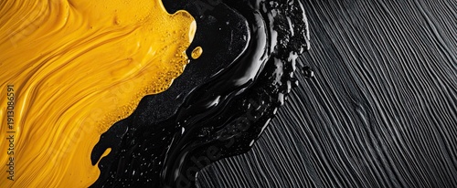 Black and yellow background, yellow liquid flowing on the left side of the image