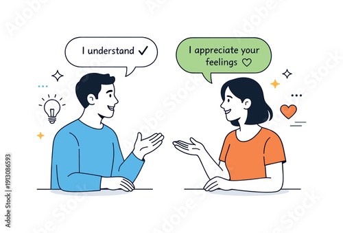 Calm Conflict Resolution. Conflict resolution in personal relationships. Two people calmly talking face to face, using open gestures and speech bubbles to show