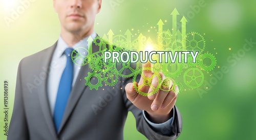 businessman touching virtual screen in PRODUCTIVITY  Text in Green Colour Background.