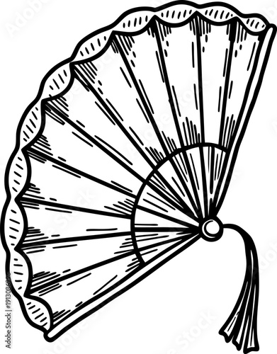 Elegant hand fan with decorative tassel, vintage folding fan design in black and white line art