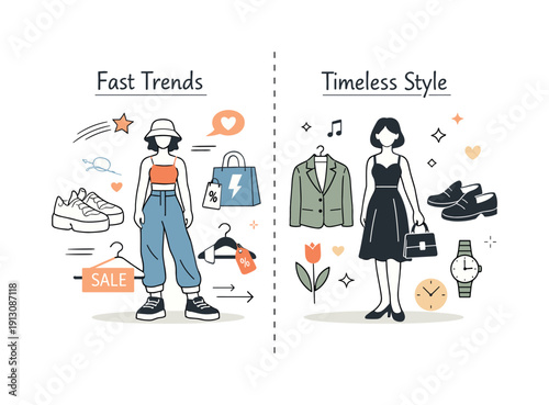 Timeless fashion and slow fashion principles. An abstract editorial visualization comparing fast-changing trends with enduring classic