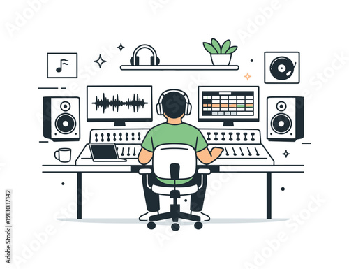 Recording studios and music production. A calm studio interior with a producer at a mixing desk, monitors and speakers neatly arranged. The