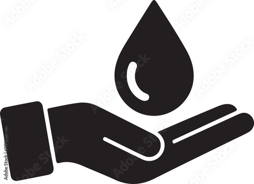 Hand Holding Water Drop Icon Solid Design, Black solid hand holding water drop icon, representing water conservation, environmental care, sustainability, clean supply and responsible resource managem
