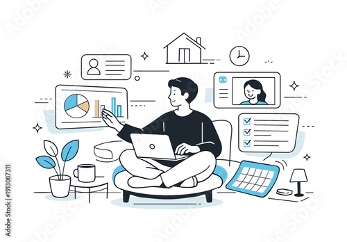 Future of work. Person working calmly with holographic screens and flexible tools, blending home and digital office elements. Sense of