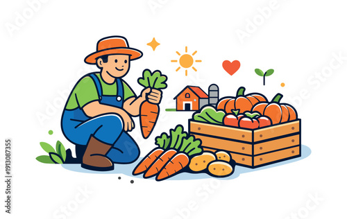 A farmer harvesting vegetables like pumpkins or carrots from a garden a friendly farm-to-table concept showing freshly harvested vegetables