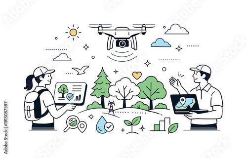 Drones used for environmental conservation. A calm editorial scene showing a drone flying above a forest, monitoring tree health and land