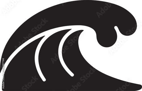 Powerful Ocean Wave Icon Solid Black Design, Black solid ocean wave icon with dynamic curling crest, representing sea power, surfing, coastal energy, marine nature and water movement concepts.

