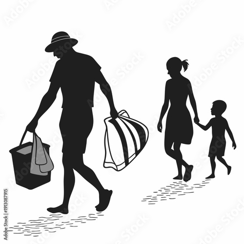 Vector illustration of black silhouettes featuring a fashion model and stylish girls walking with shopping bags during a business sale