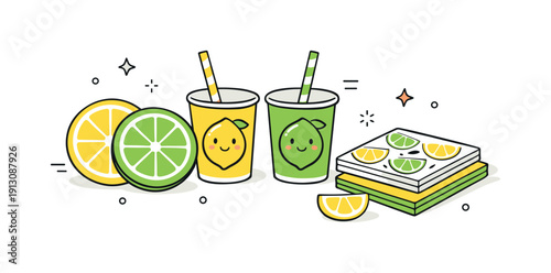 Lemon and lime-themed party decorations. Close-up of party details with lemon slices, cups, and napkins arranged neatly. The scene feels