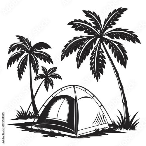 Vector illustration of palm trees on a tropical island by the sea at sunset