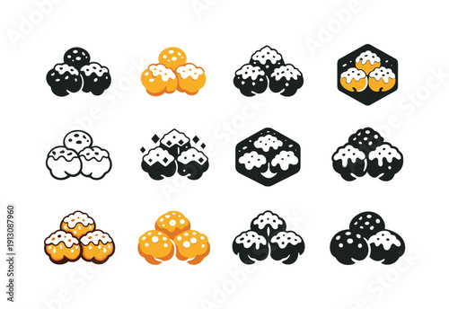 popcorn with sugar. Icon set. Set Logo of popcorn with sugar: popcorn kernels with sugar glaze. harmonious logo variations of the same
