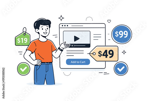Selling digital products. A person confidently presenting an online product page with price tags and checkmark icons nearby. The illustration