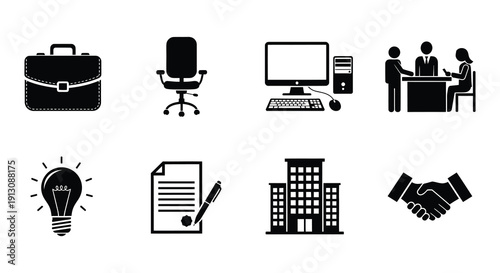 Black and white icons depicting business ideas and communication concepts