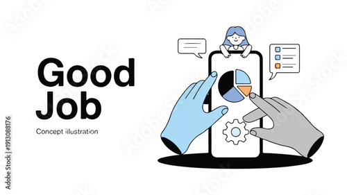 Modern minimalist illustration showing hands interacting with a smartphone app, representing business success, performance feedback, and data analysis for goal achievement