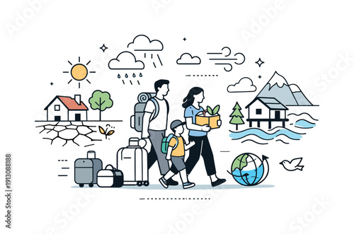 Climate migration. Families moving with essentials due to environmental changes, calm resilience and adaptation mood. Suitcases, houses, and
