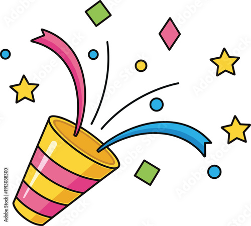 Print“Cartoon illustration of colorful party popper with streamers, stars, and festive decorations symbolizing celebration, joy, and event design”