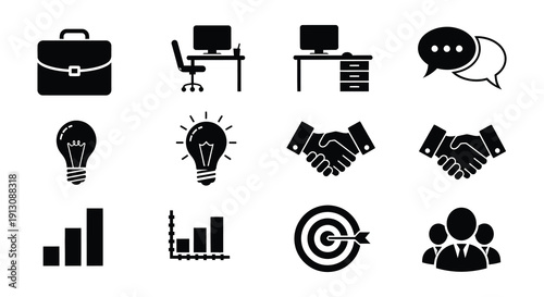 Black and white icons depicting business ideas and communication concepts