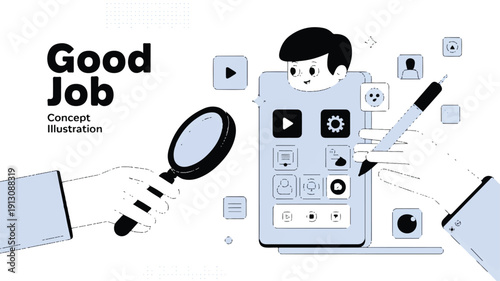 Minimalist digital illustration of hands analyzing and engaging with a mobile application, depicting successful project development and user experience optimization