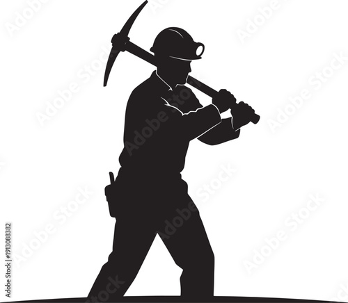 Miner with Pickaxe Silhouette on White Background