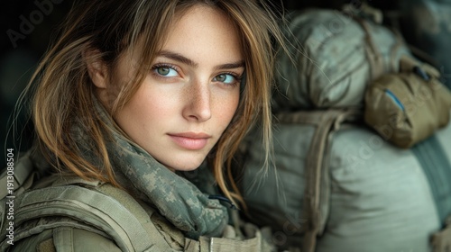 A soldier with intense features reflects amidst military gear