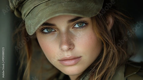 Young woman with striking green eyes and a military hat, radiating calmness
