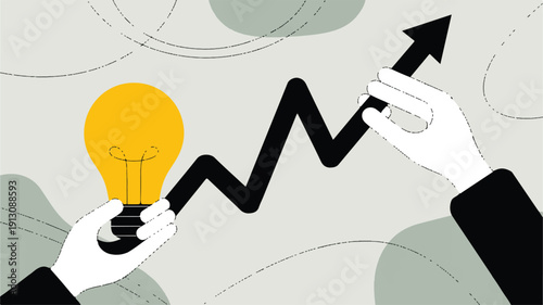 Abstract illustration of a brilliant idea held by one hand merging with an upward growth arrow held by another, symbolizing successful business development, innovation, and progress