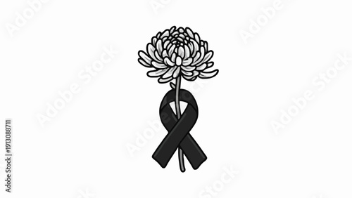 White Chrysanthemum with Black Ribbon Mourning Line Icon Vector 1