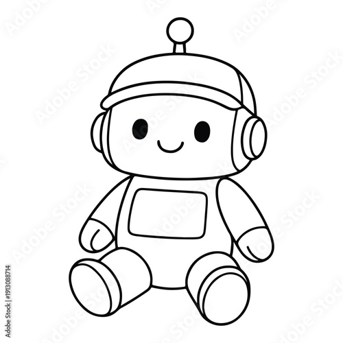 A minimalist, round-bodied robot with a friendly expression and a small antenna. Ideal for introducing STEM concepts to young children through coloring and creative play.