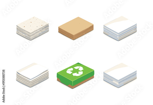    Recycled paper sheets. Isometric flat vector icons set of recycled paper sheets: eco paper stack with flecks, natural recycled sheet, layered