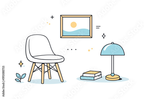 Classic design details. Close-up style composition of timeless objects like a chair, lamp, and framed art, arranged with harmony. Quiet