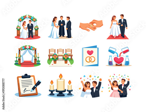 Marriage Ceremony Icons. Documenting marriage ceremonies. Colorful flat vector icons set of documenting marriage ceremonies: wedding ceremony scene, officiant