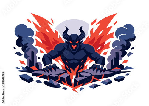   Hellscape breach. Massive demon fully emerging, flames forming abstract wings, cracked earth