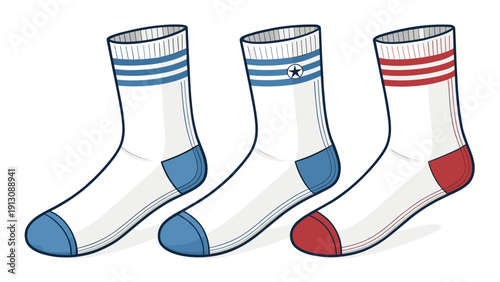 Colorful sport socks in blue, red, and white on white background  