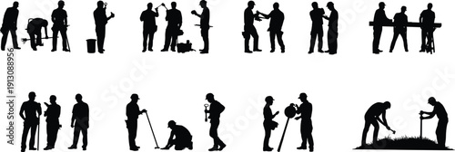 Construction worker silhouettes set with builders using tools and equipment, black and white industrial vector illustration isolated on white