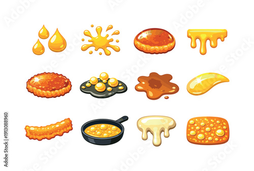    Oily food textures. Colorful flat vector icons set of oily food textures: grease droplets, oil splashes, shiny food surface, dripping cheese