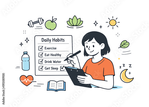 Healthy routine progress. A character checking off daily habits on a simple list, surrounded by calm wellness icons. The illustration conveys
