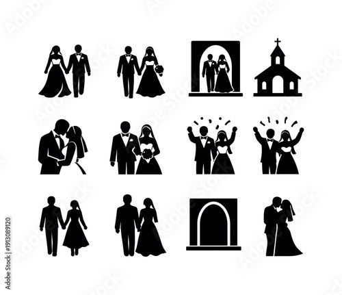    Happy couple leaving the church. Solid icon set of happy couple leaving the church: bride and groom walking, wedding couple holding hands,