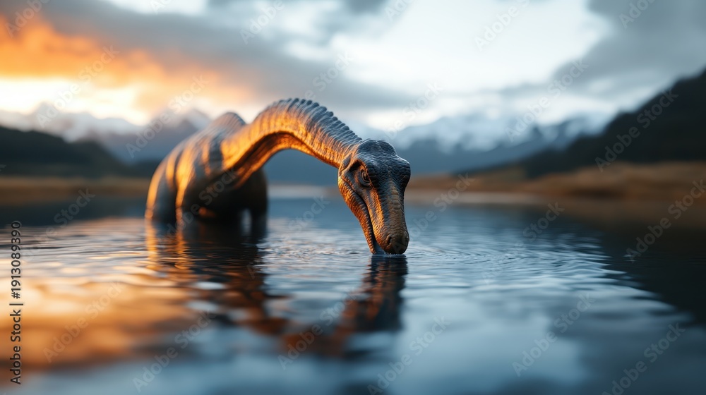 Fototapeta premium A lifelike dinosaur emerging from calm waters, showcasing its long neck against a breathtaking sunset backdrop, embodying the beauty and mystery of prehistoric life.