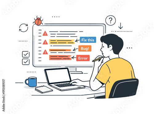 Software Debugging Focus. Software debugging process. A programmer reviewing highlighted lines of code with error markers and notes, quiet concentration and