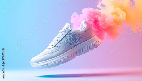White Sneaker Floating with Colorful Smoke.