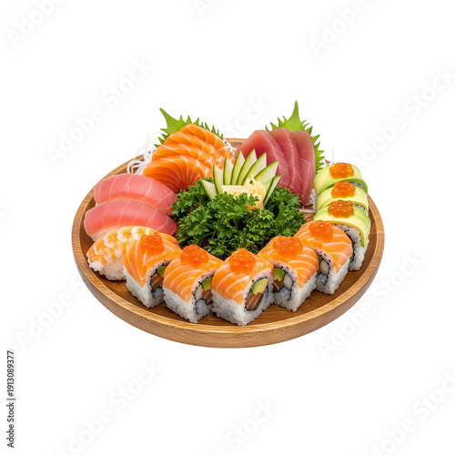 Sushi and sashimi platter with salmon and tuna on wooden plate isolated on white background Generative AI