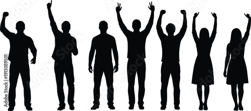 People silhouettes cheering with raised hands celebration success happiness crowd vector illustration isolated on white background - flat vector illustration