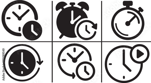 Flat time and clock icon set with timer, watch later signs in filled, line, outline styles for UI.
