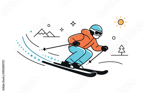 Skiing adventure concept. Dynamic skiing moment captured with minimal forms, energy and winter excitement. Curved lines and dots emphasize