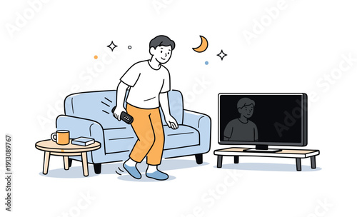 Evening Sofa Serenity. Evening routine at home. A person standing up from the sofa after watching TV, remote in hand, calm and satisfied. The dark screen