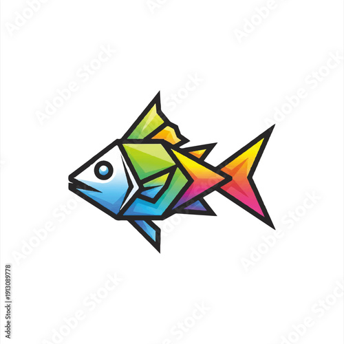 Colorful Geometric Fish Logo Design with Sharp Edges.
