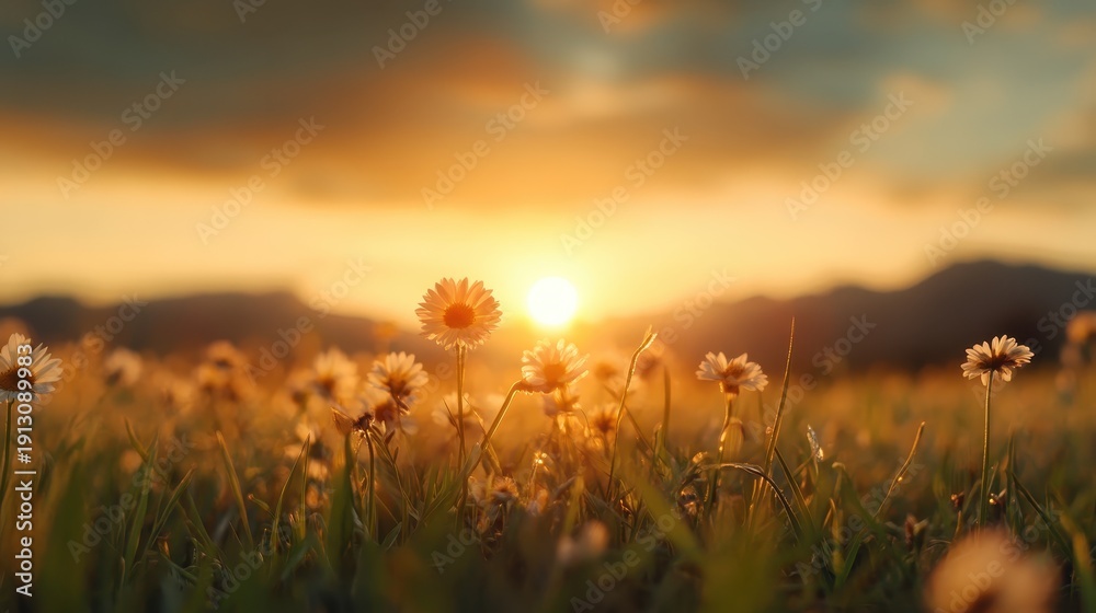 Fototapeta premium A peaceful field of daisies under a stunning sunset sky, evoking feelings of tranquility and the beauty of the natural world intertwined with the day’s end.