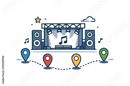 Concert tours captured through a stage icon with spotlights, speakers and a route line connecting multiple city markers. The scene
