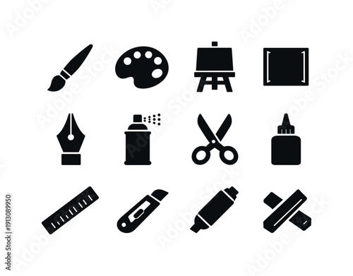 Artistic Tool Icons. Artistic Tools. Solid icon set of Artistic Tools: paintbrush, color palette, easel, canvas, ink pen, spray can, scissors, glue bottle,