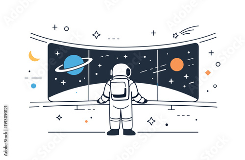 An astronaut looking out at the galaxy from the observation deck of a space station. A calm editorial scene with an astronaut standing by a